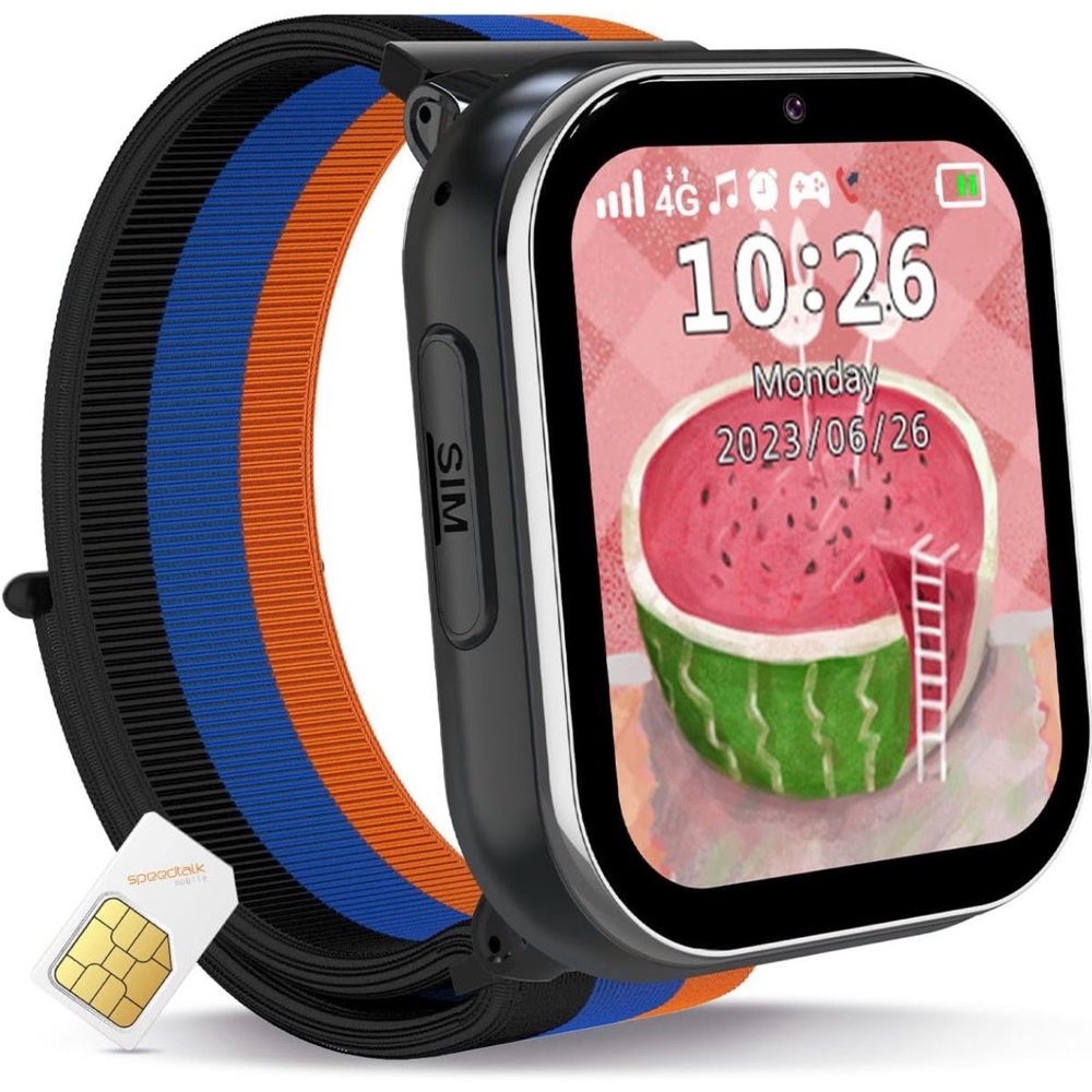 Kids 4G Smartwatch with SIM Slot - Black/Blue/Orange Bands